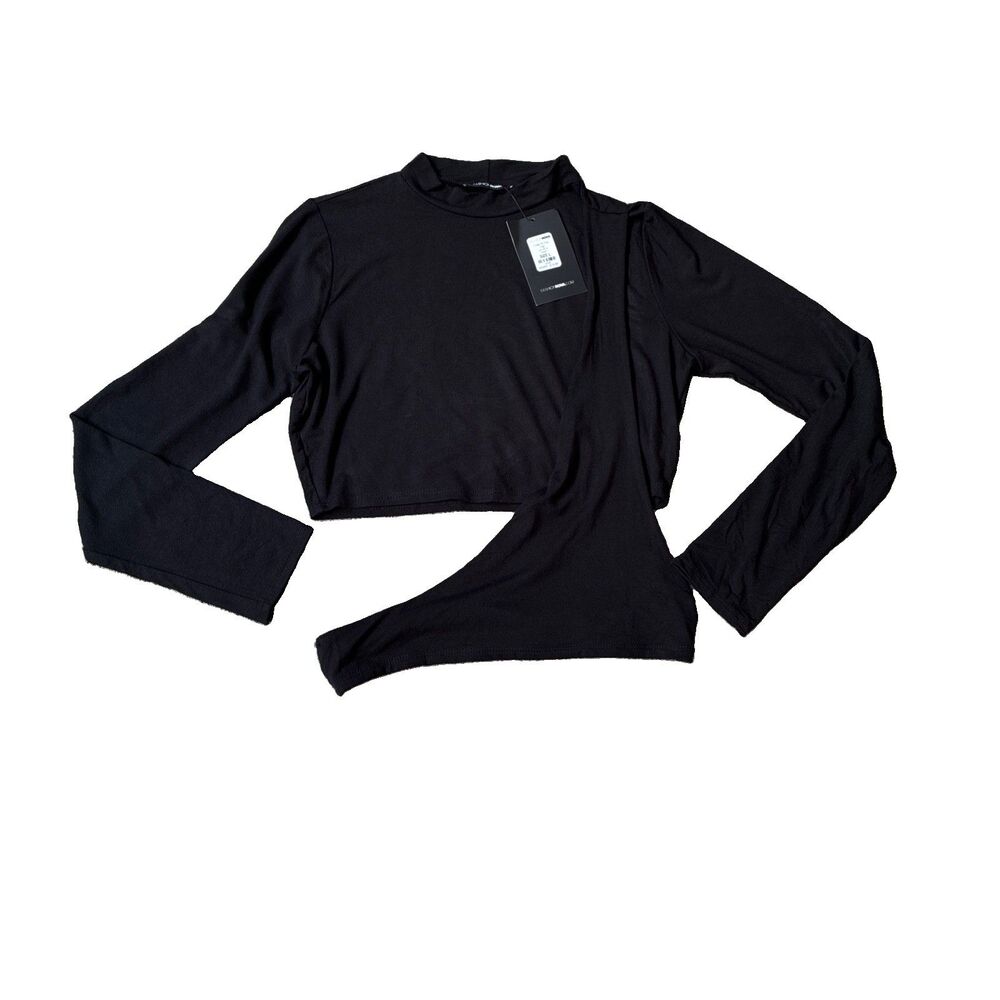 New Fashion Nova Black Mock Neck Crop Top Asymmetrical Draped Side Cut Out Sz L